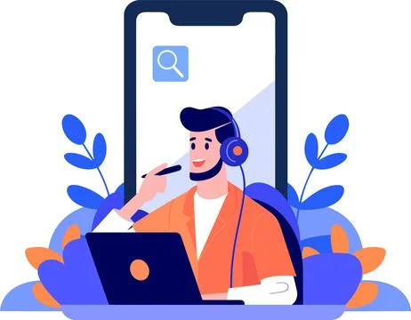 Hand Drawn Call center characters with smartphones in the concept of online.. Stock Illustration
