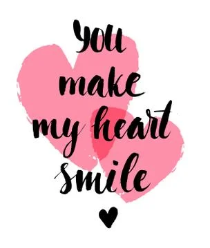 Hand drawn calligraphy inscription about love with red hearts on background Stock Illustration