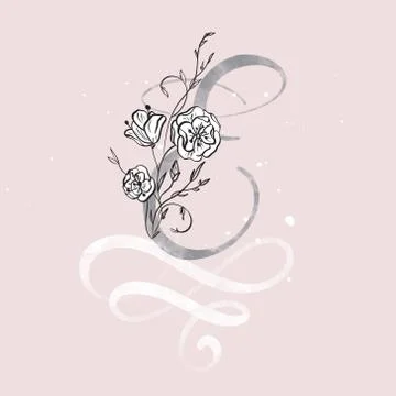 Hand drawn calligraphy letter E with flower. watercolor Script font. Isolated Stock Illustration