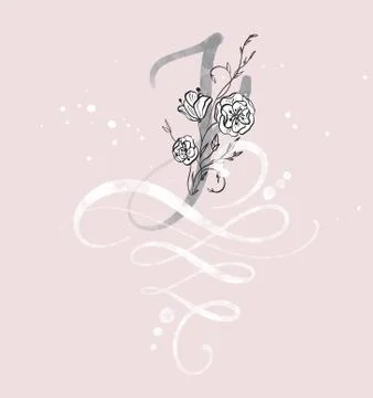 Hand drawn calligraphy letter J with flower. watercolor Script font. Isolated Stock Illustration