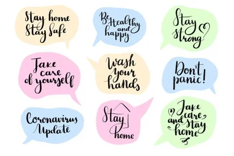 Hand drawn calligraphy pharses set. Motivatonal phrases about coronavirus in Illustrazione stock