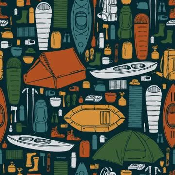 Hand drawn camping items set. Traveler backpack with survivor items and and o Stock Illustration