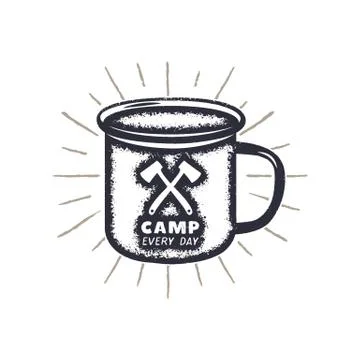 Hand drawn camping mug shape, sunbursts label with motivational quote - Camp Illustrazione stock