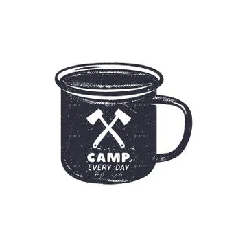 Hand drawn camping mug shape label with motivational quote - Camp every day Ilustración de archivo