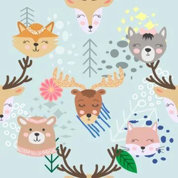 Hand drawn camping seamless pattern with cartoon characters Stock Illustration