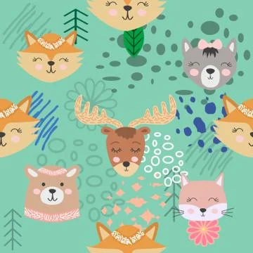 Hand drawn camping seamless pattern with cartoon characters Stock Illustration