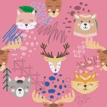 Hand drawn camping seamless pattern with cartoon characters Stock Illustration