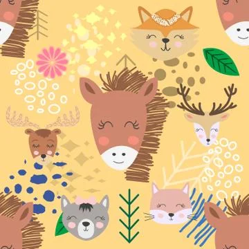 Hand drawn camping seamless pattern with cartoon characters Stock Illustration