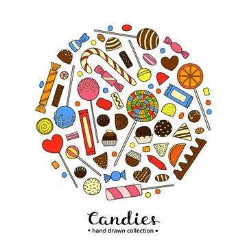 Hand drawn candies in circle. Stock Illustration