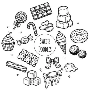 Hand drawn candy collection. Doodle sketch style. Set of various sweets doodles Illustrazione stock