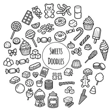 Hand drawn candy collection. Doodle sketch style. Set of various sweets doodles Illustrazione stock