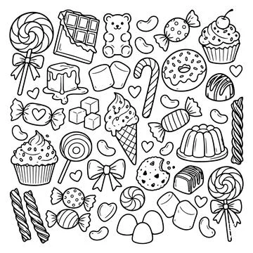 Hand drawn candy collection. Doodle sketch style. Set of various sweets doodles Illustrazione stock