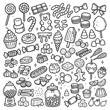 Hand drawn candy collection. Doodle sketch style. Set of various sweets doodles. Illustrazione stock