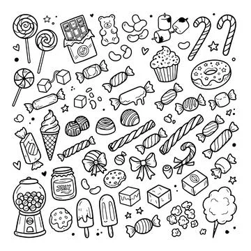 Hand drawn candy collection. Doodle sketch style. Set of various sweets doodles. Illustrazione stock