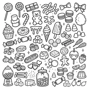 Hand drawn candy collection. Doodle sketch style. Set of various sweets doodles. Illustrazione stock