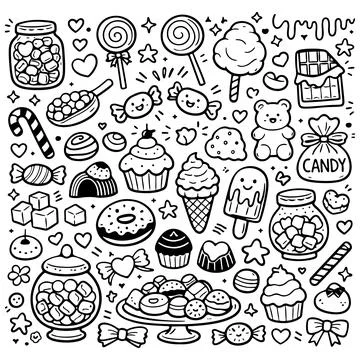 Hand drawn candy collection. Doodle sketch style. Set of various sweets doodles. Illustrazione stock