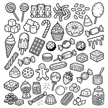 Hand drawn candy collection. Doodle sketch style. Set of various sweets doodles. Stock Illustration