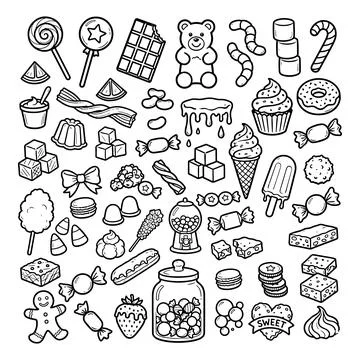 Hand drawn candy collection. Doodle sketch style. Set of various sweets doodles. 스톡 일러스트