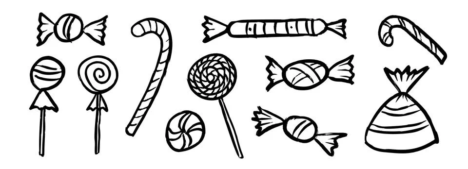 Hand drawn candy doodle set. Sketched wrapped sweets collection with candy canes Stock Illustration