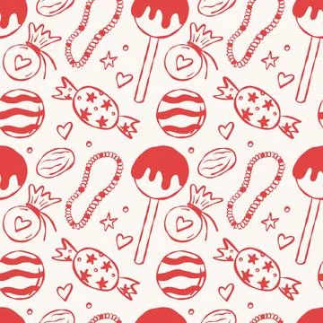 Hand-drawn candy pattern with hearts and lollipops Stock Illustration