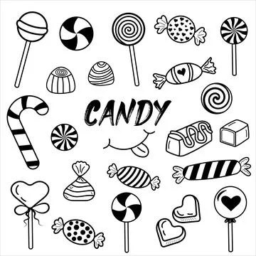 Hand drawn candy set. Linear doodle style. Stock Illustration