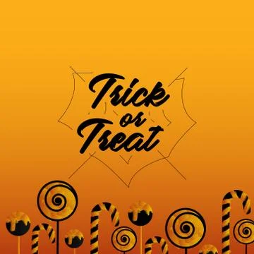 Hand drawn candy with trick or treat text design on orange background Illustrazione stock