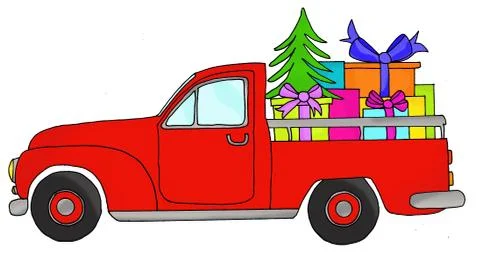 Hand drawn car, pick up van with christmas gifts  on roof Stock Illustration