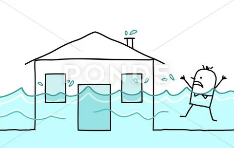 Hand drawn cartoon character - man with house and flood Stock Illustrationen