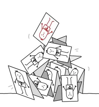 Hand drawn cartoon characters - collapsing cards pyramid Stock Illustration
