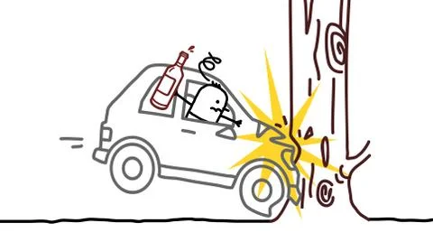 Hand drawn cartoon characters - drunk man &amp; car crash Stock Illustration