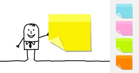Hand drawn cartoon characters - man and blank sticky notes Ilustração Stock