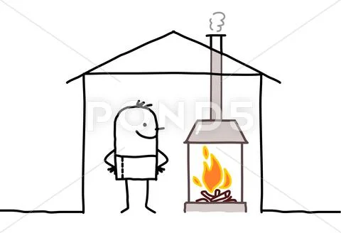 Hand drawn cartoon characters - man in house & fireplace Stock Illustrationen
