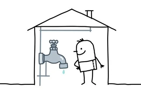 Hand drawn cartoon characters - man in house & plumbing Stock Illustration