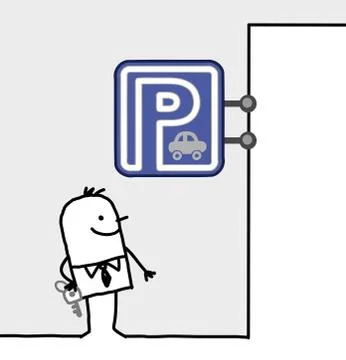 Hand drawn cartoon characters - man &amp; parking sign Stock Illustration