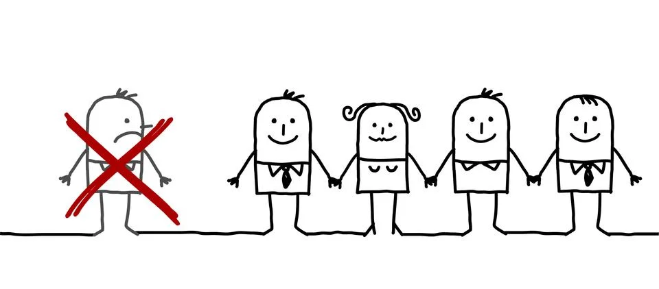 Hand drawn cartoon characters - united group & excluded man Stock Illustration