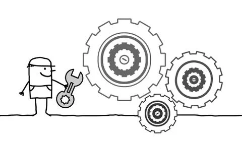 Hand drawn cartoon characters - worker and gears Stock Illustration