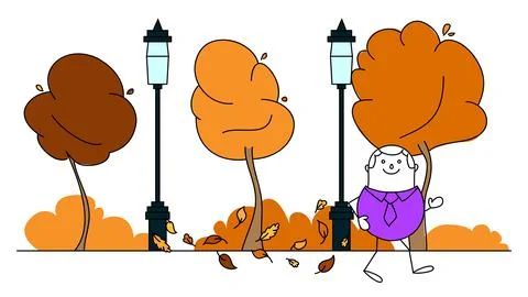 Hand drawn Cartoon Man walking through a park. Stock Illustration