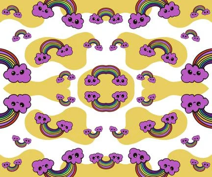 Hand drawn cartoon pattern rainbow and clouds white background seamless Stockillustratie
