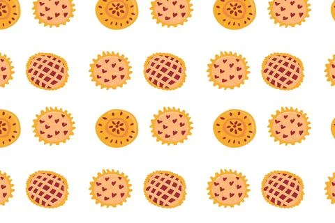 Hand drawn cartoon pattern with various pie, top view Stock Illustration