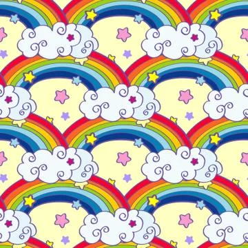 Hand drawn cartoon rainbow, clouds and stars seamless pattern Stock Illustration