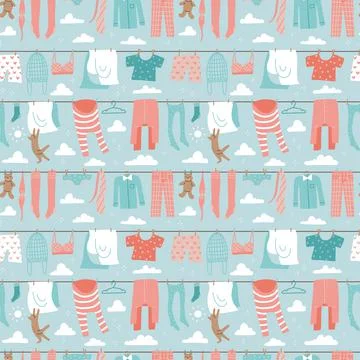 Hand drawn cartoon seamless pattern illustration with handing colorful clothes Stock Illustration