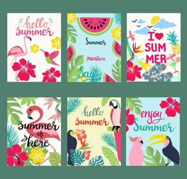 Hand-drawn cartoon set of postcards, cards of summer elements, Stock Illustration