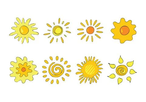 Hand drawn cartoon style suns set Stock Illustration