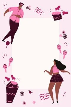 Hand drawn cartoon style vector illustration. Template with bongos, dancers a Stock Illustration