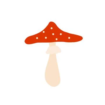 Hand drawn cartoon style vector illustration of red mushroom with white spots Stock Illustration