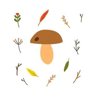 Hand drawn cartoon style vector illustration of porcini mushroom with brown hat Stock Illustration