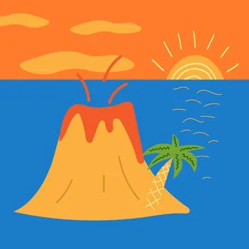 Hand drawn cartoon vector illustration of cute ocean island wiht volcano and  Stock Illustration