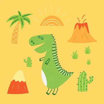Hand drawn cartoon vector illustration of cute dinosaur, volcano, sun. T-shir Stock Illustration