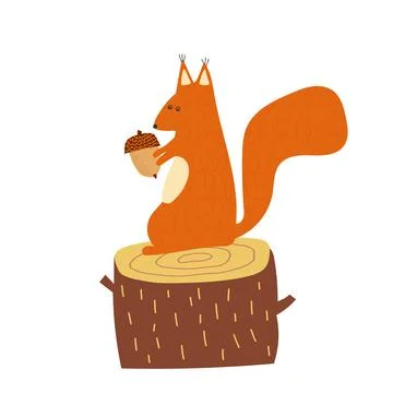 Hand drawn cartoon vector illustration set of cute squirrel sitting on the st Stock Illustration
