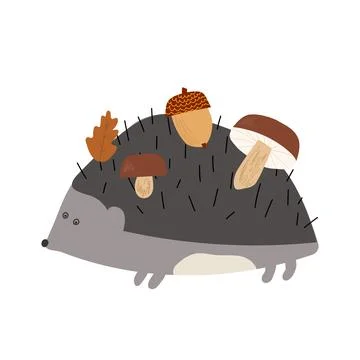 Hand drawn cartoon vector illustration set of cute hedgehog carrying his food Stock Illustration